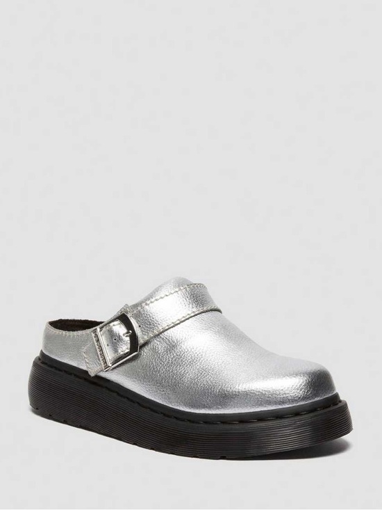 Dr. Martens Shoes - Dr. Martens Silver Metallic Leather Mule Clogs with Black Platform